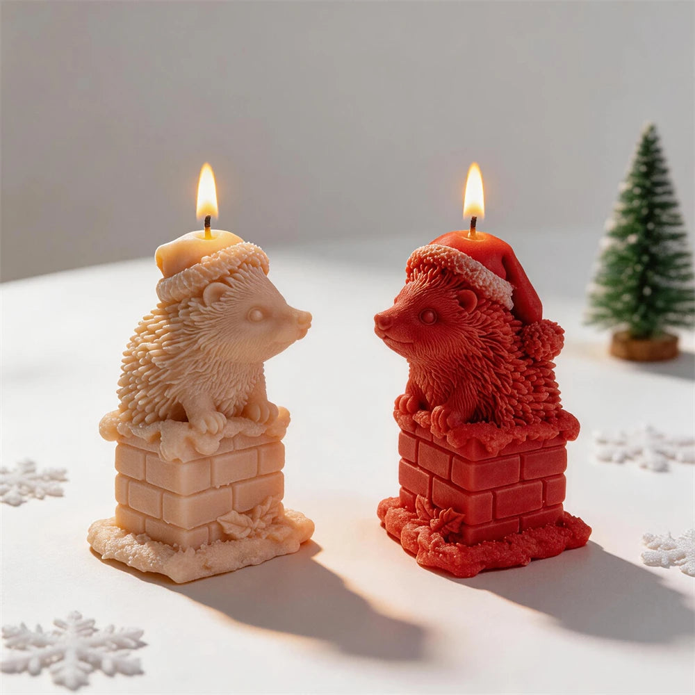 Christmas hedgehog candle wearing Santa hat and sitting in brick chimney