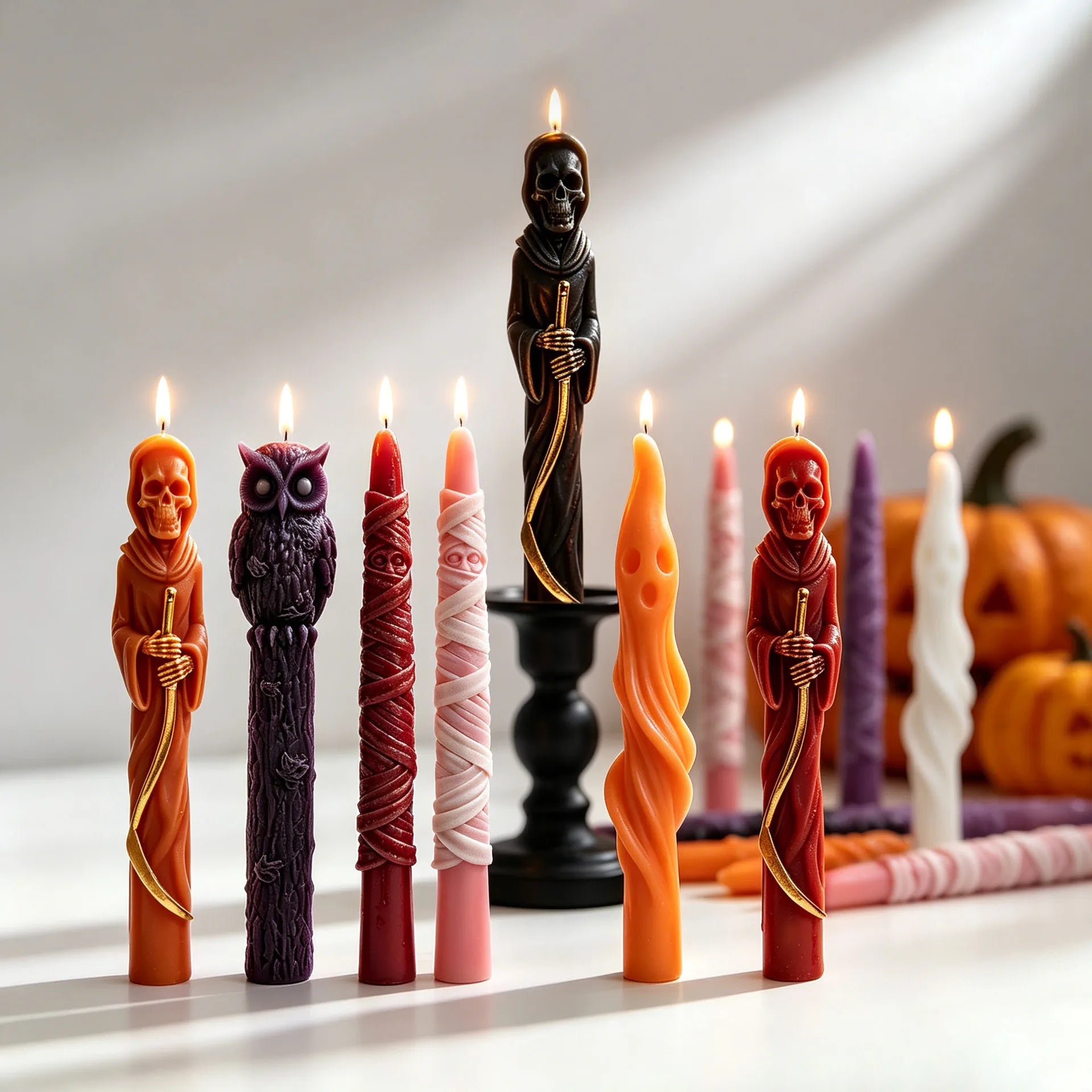 Halloween taper candles in mummy ghost Grim Reaper and owl designs