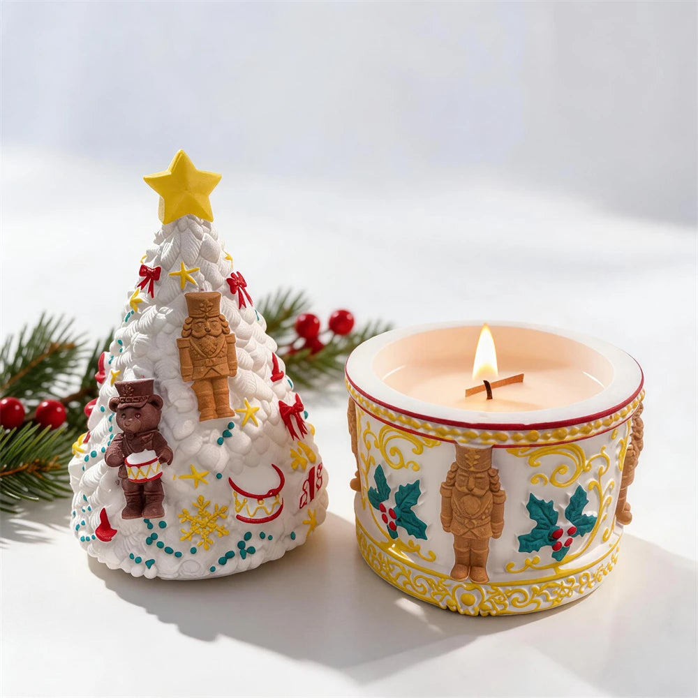 Lidded Christmas container with Nutcracker soldiers bows drum and snowflakes