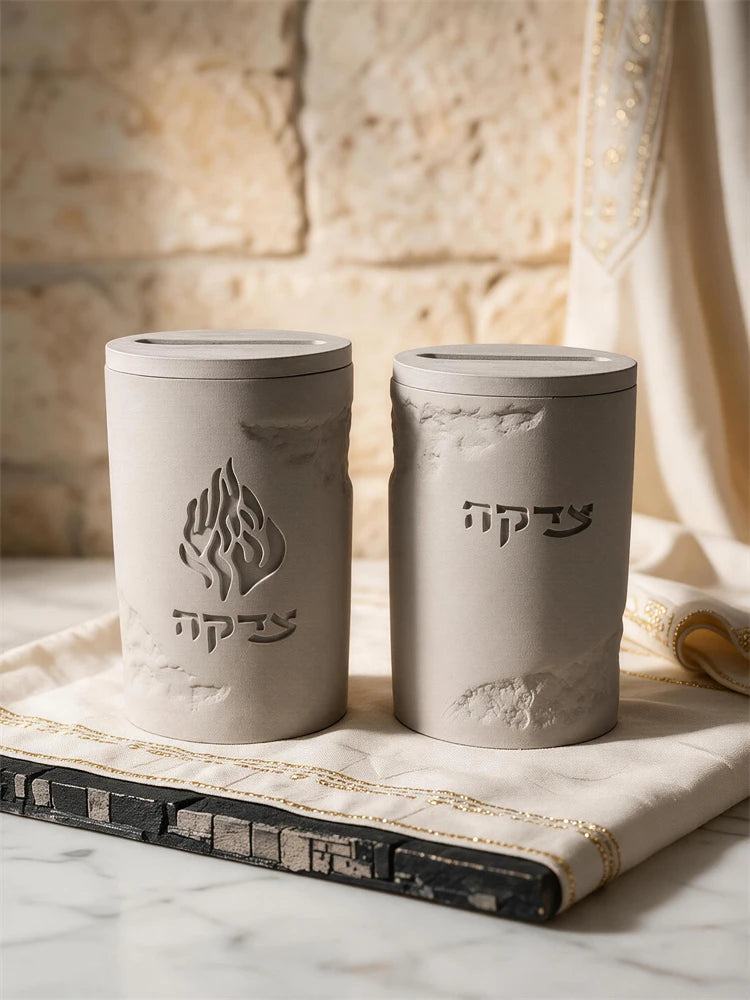 Two cylindrical Tzedakah charity boxes with Hebrew lettering and coin-slot tops