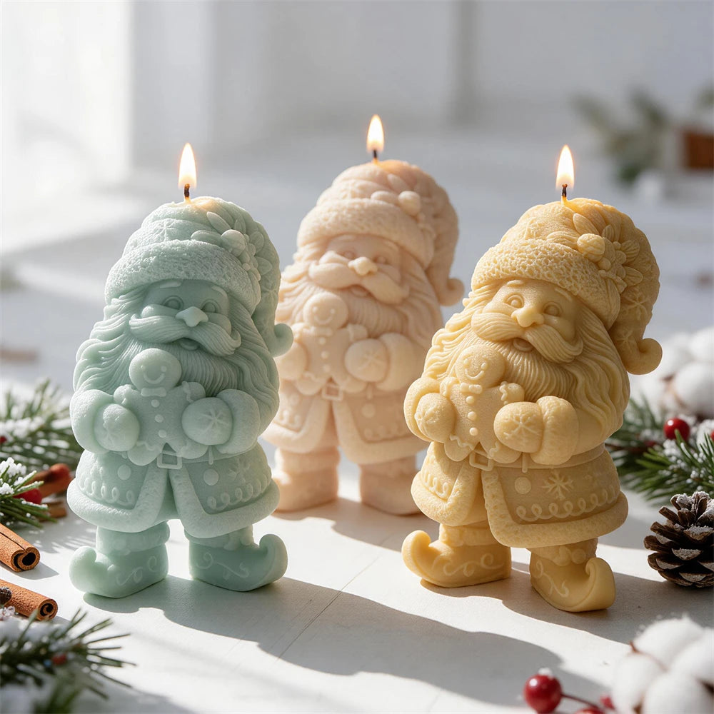 Standing Christmas gnome candle holding a smiling gingerbread man