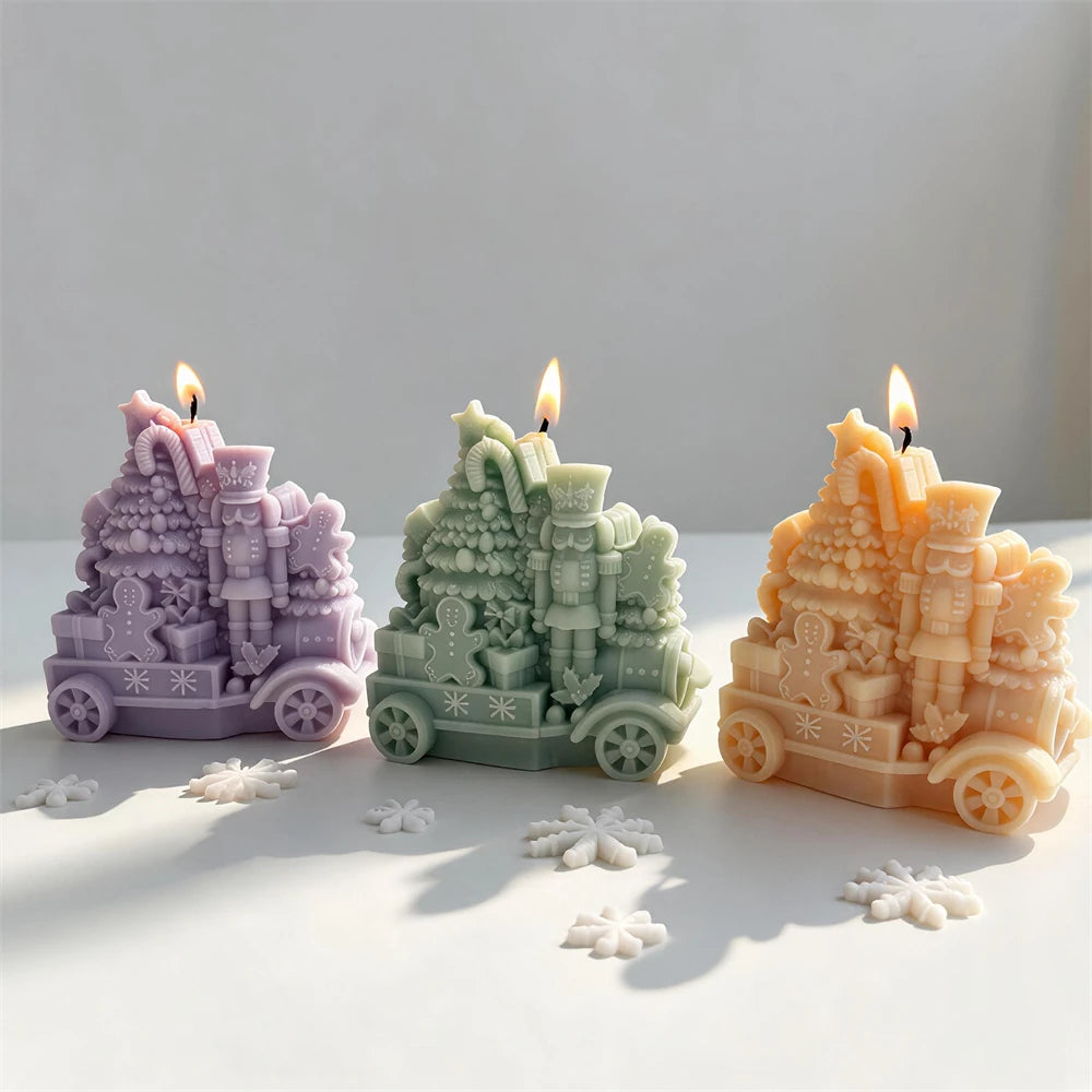 Sage cream pink and lilac Nutcracker Christmas train candles for festive décor