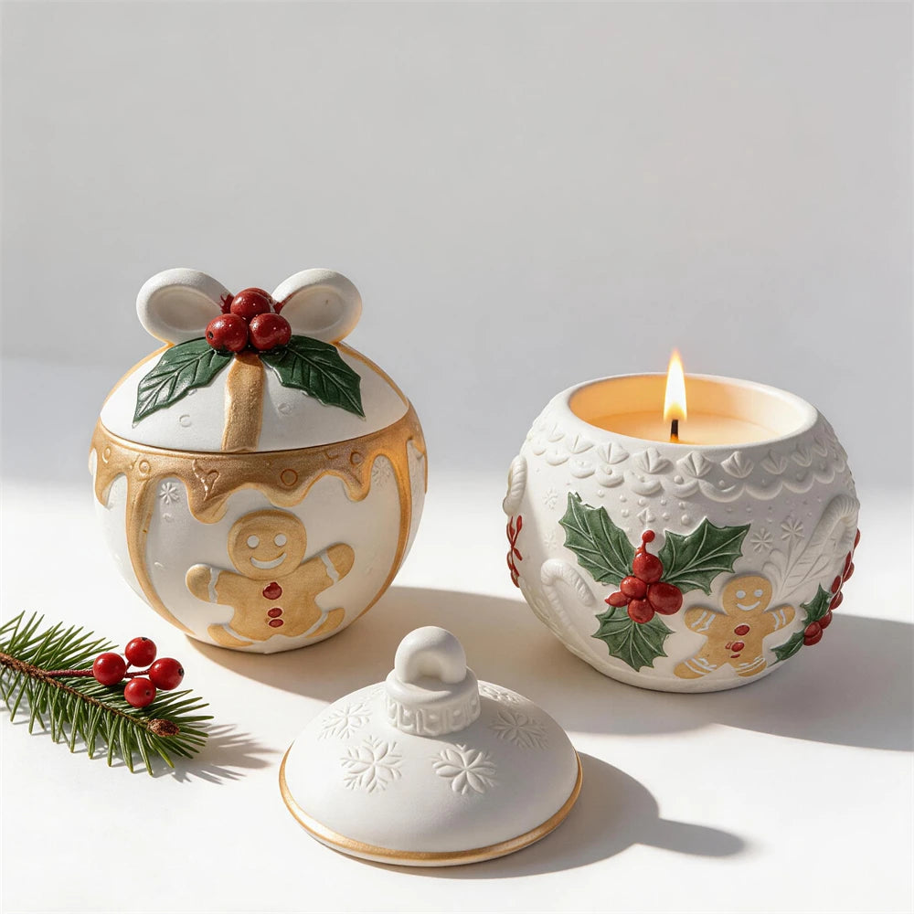 Lidded Christmas bauble containers with gingerbread holly and candy details