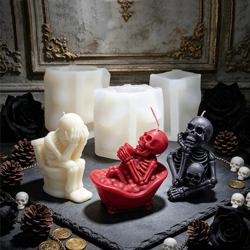 Three quirky gothic skeleton candle designs for Halloween