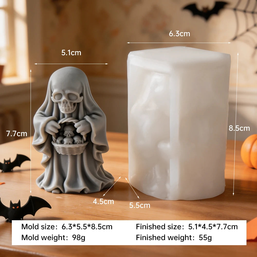 Hooded skeleton candle carrying basket filled with miniature skulls