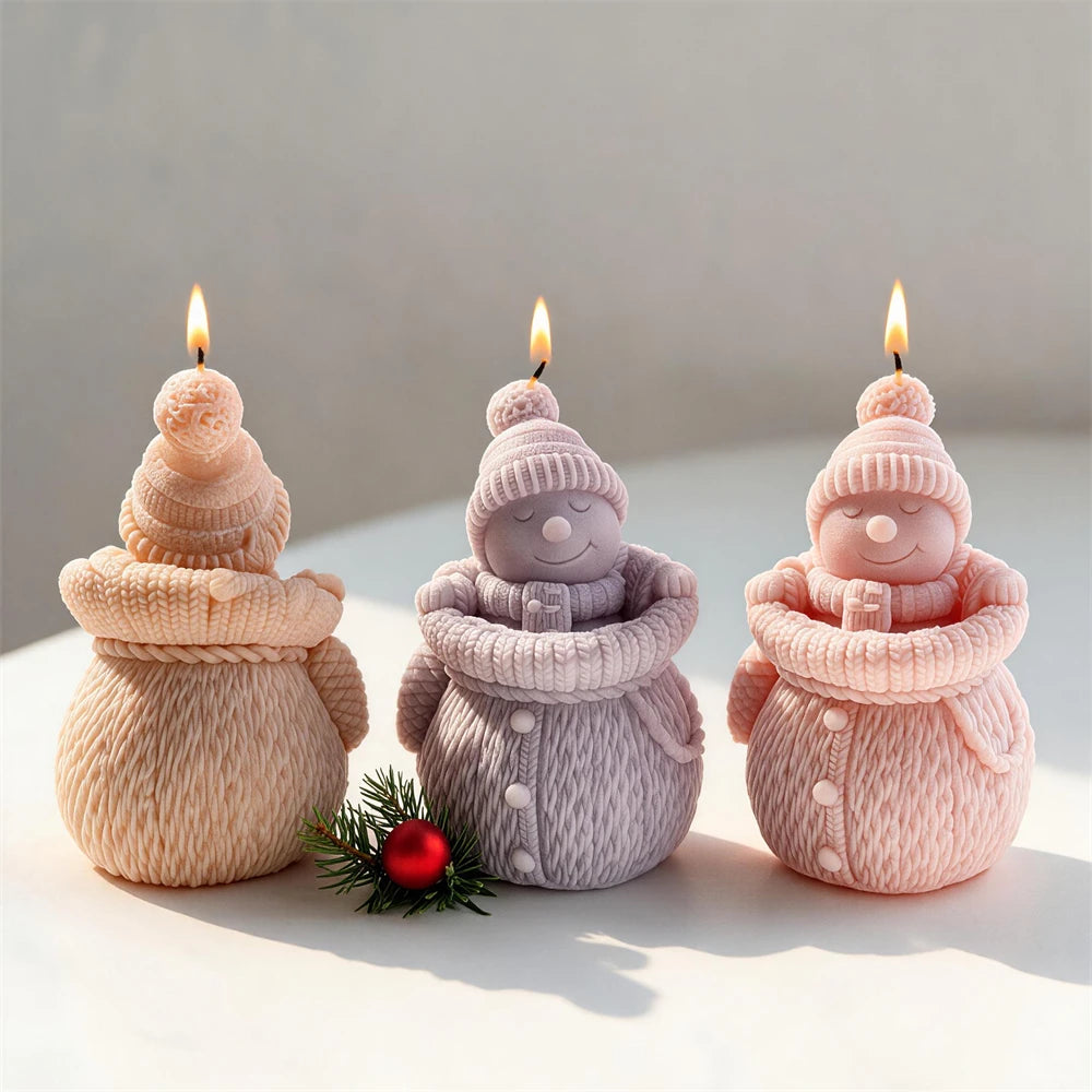 Winter snowman candle with ribbed hat knitted collar and button details