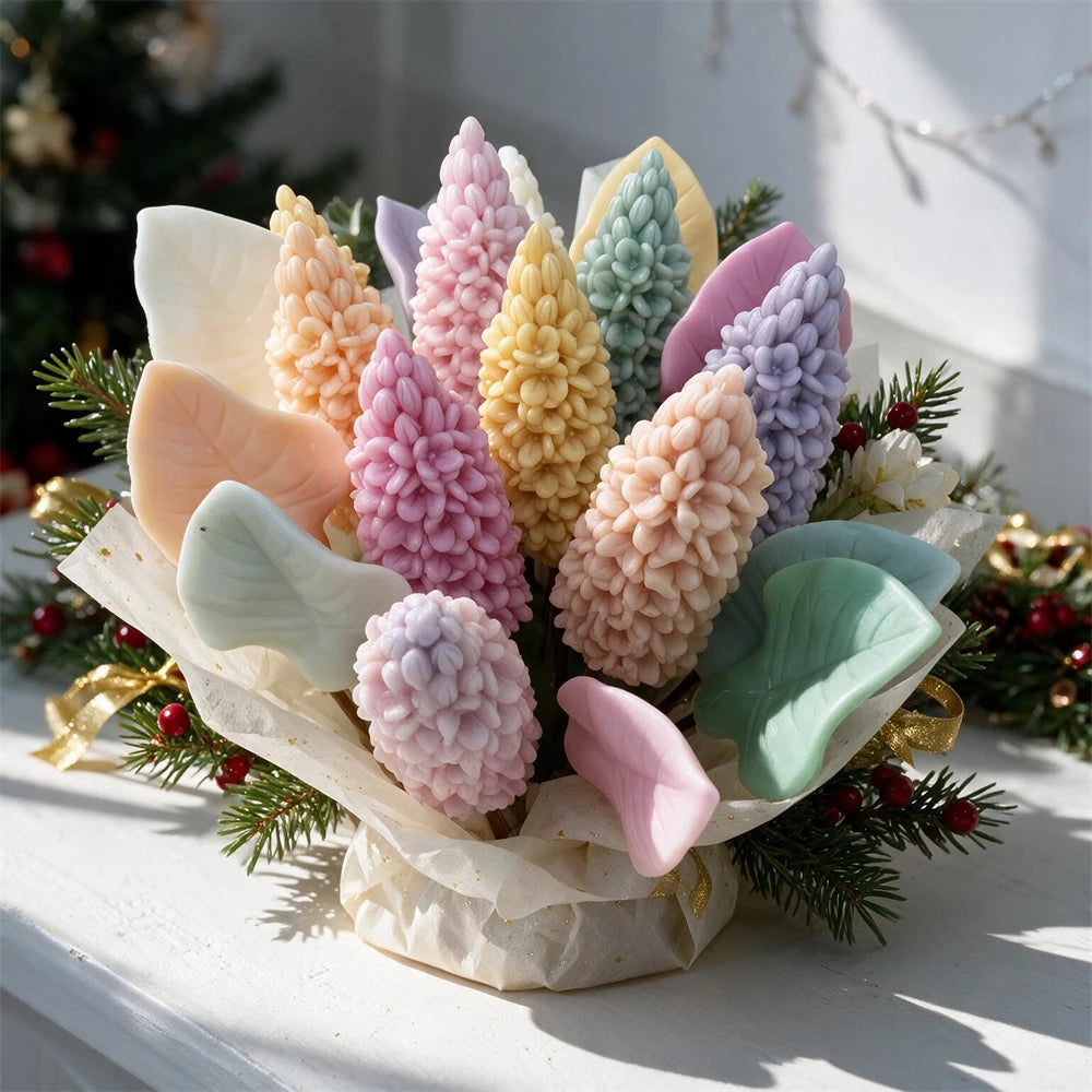 Lilac flower candles in pastel colours arranged as a floral candle bouquet