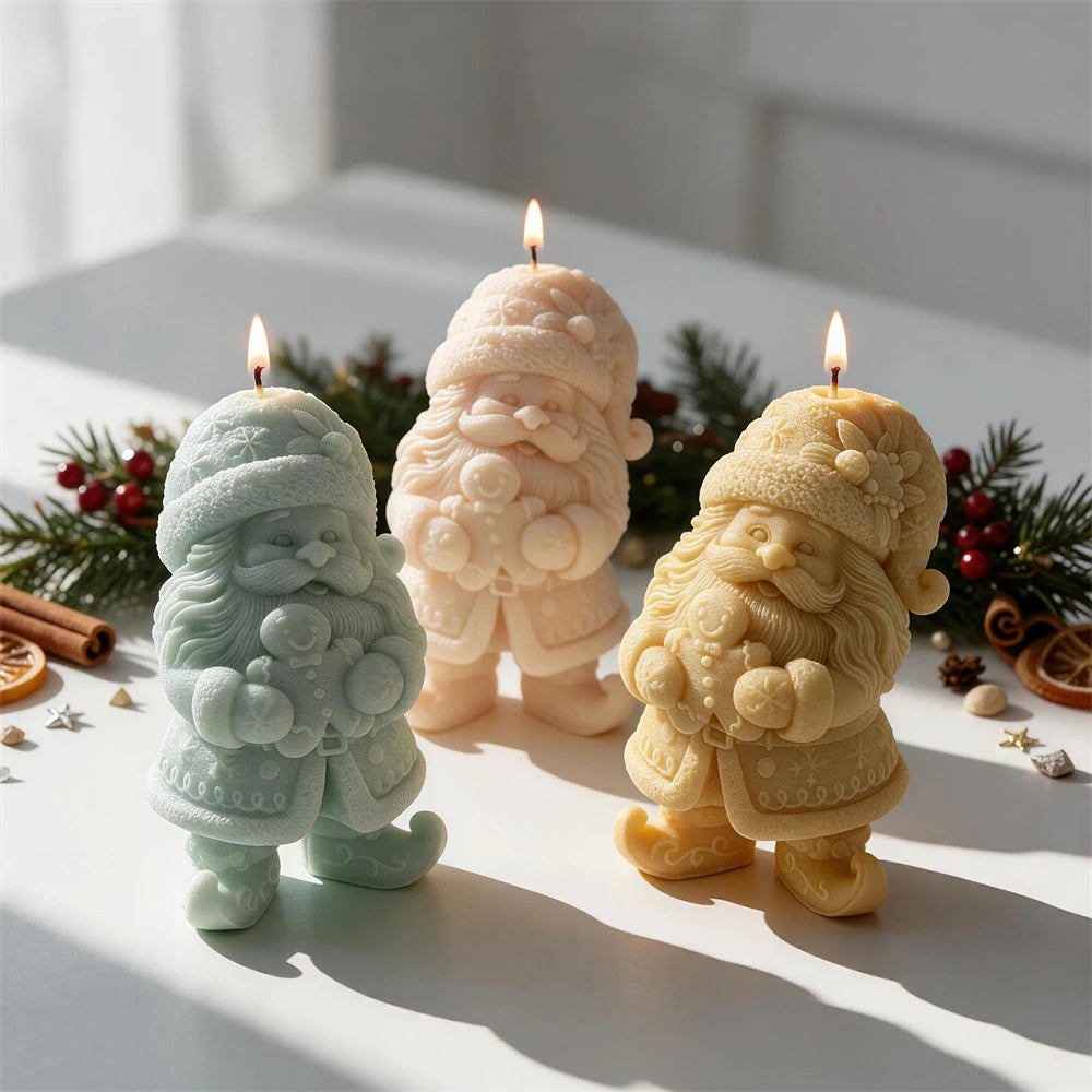 Standing Christmas gnome candle holding a smiling gingerbread man