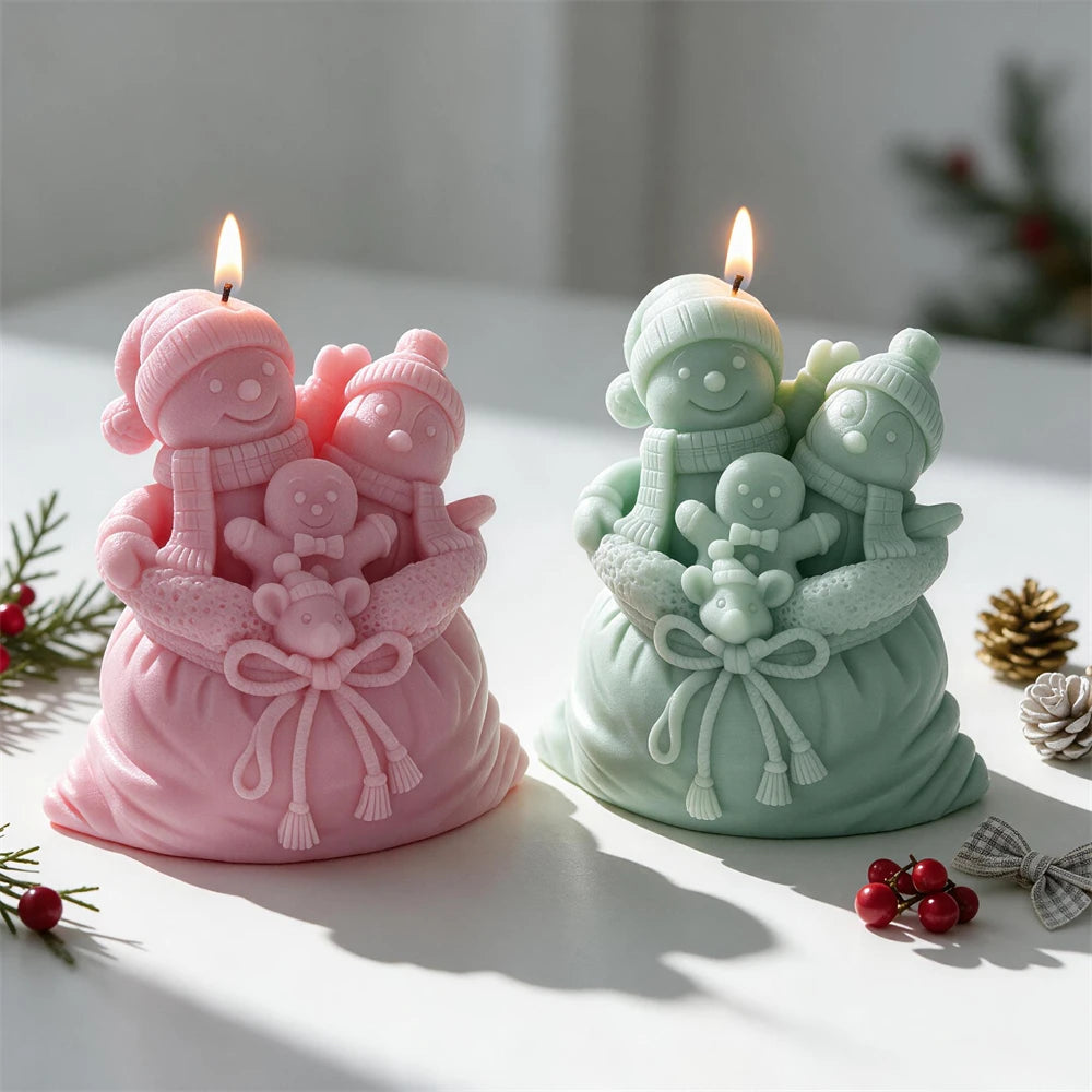 Snowman and gingerbread Christmas gift sack candle with bow