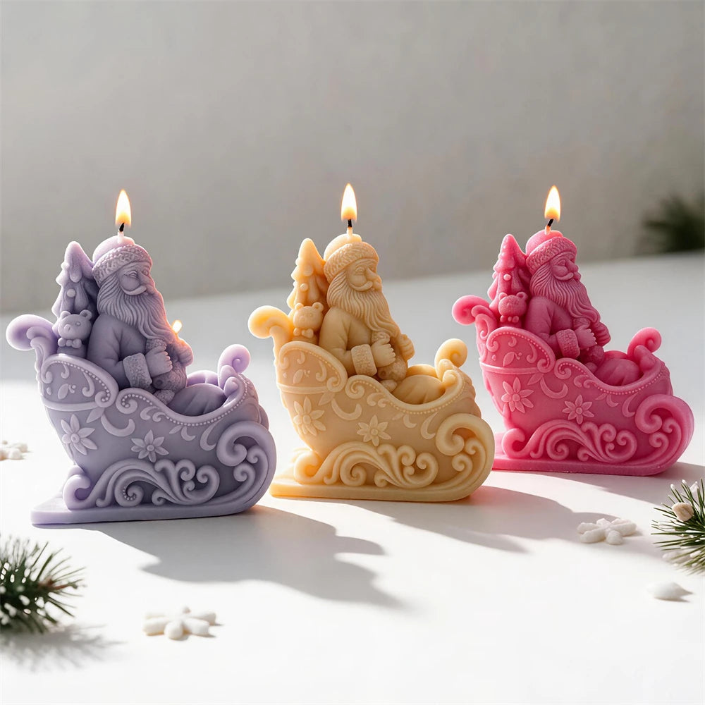 Purple cream yellow and pink Santa sleigh candles for Christmas décor