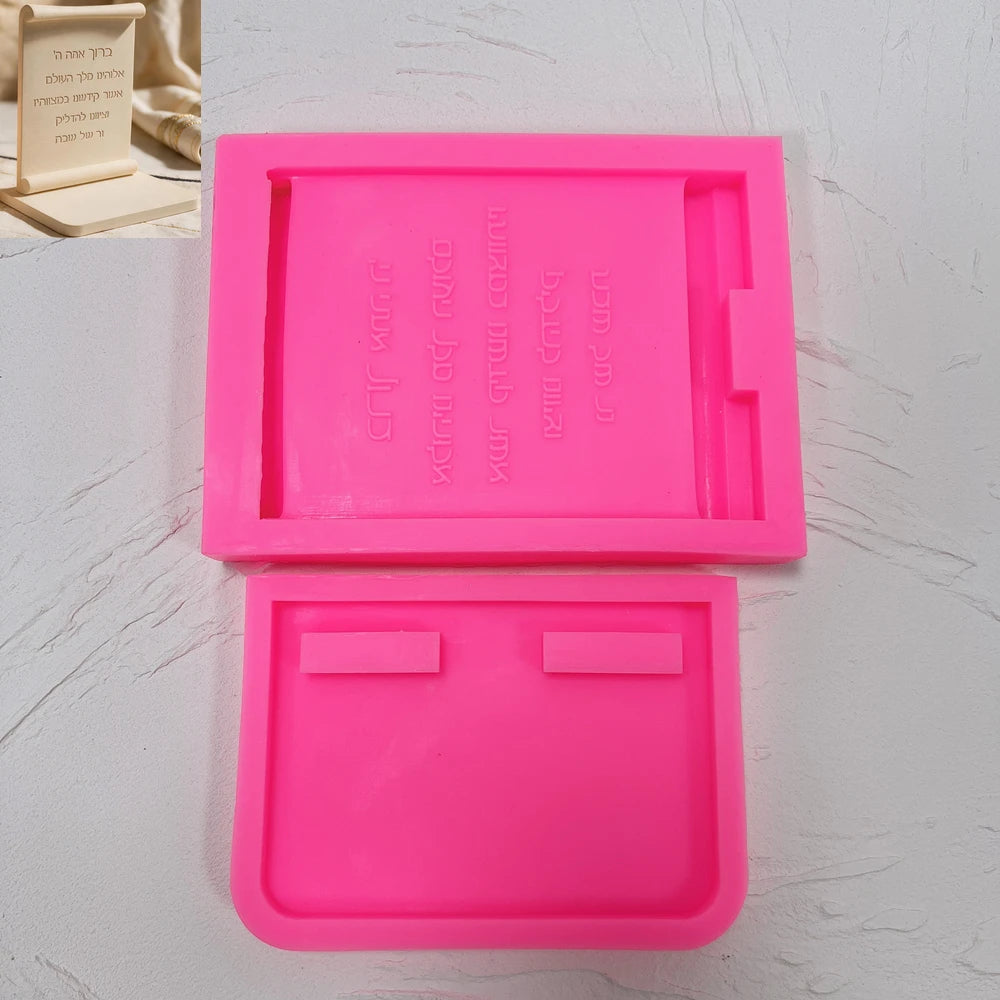 Pink silicone molds for Hebrew Shabbat blessing scroll plaque and base