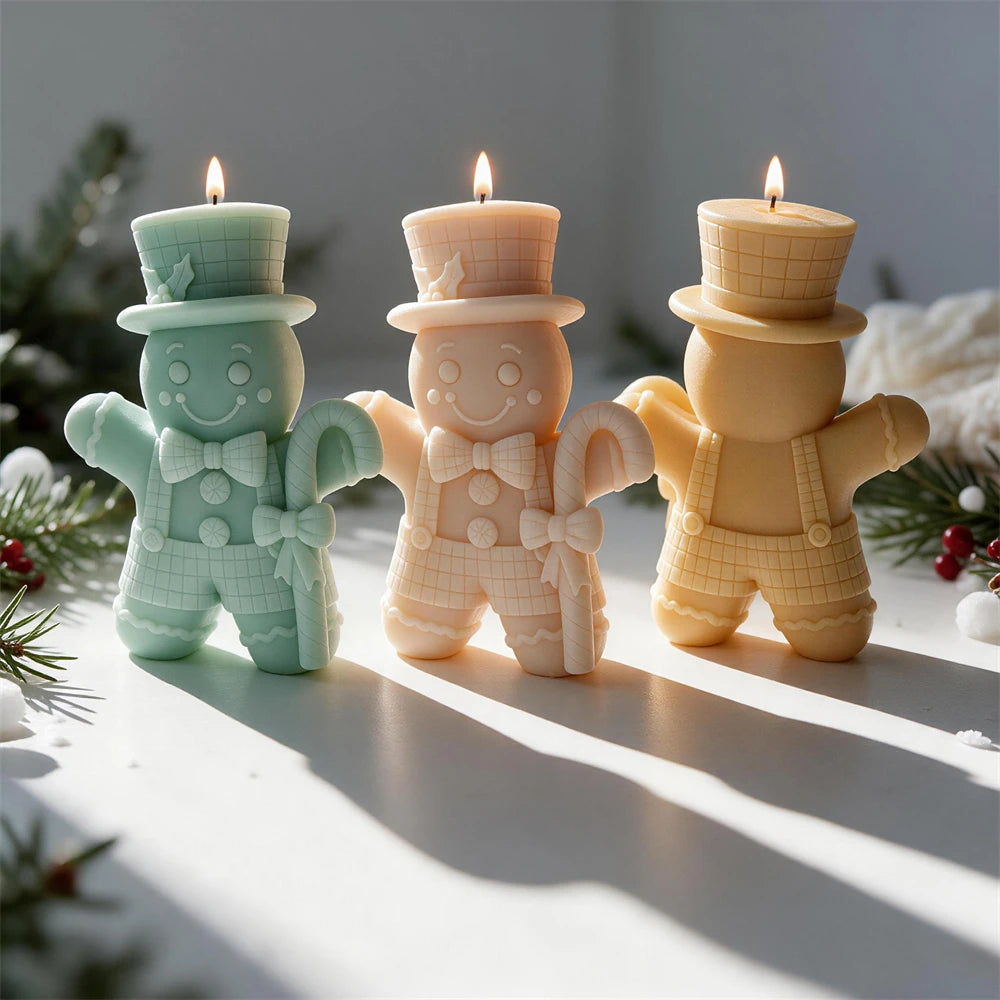 Gingerbread Man silicone candle mold with holly hat and candy cane
