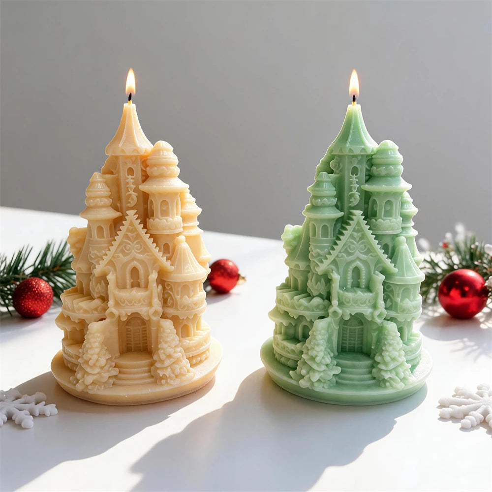 Fairytale tower castle candles with pointed turrets and arched windows
