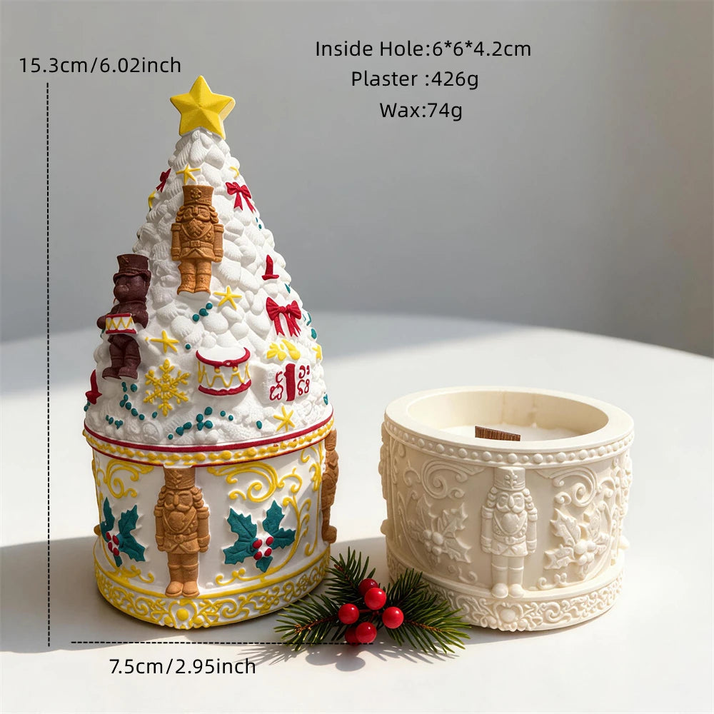 Christmas candle jar mold measuring 15.3 centimetres tall with tree lid