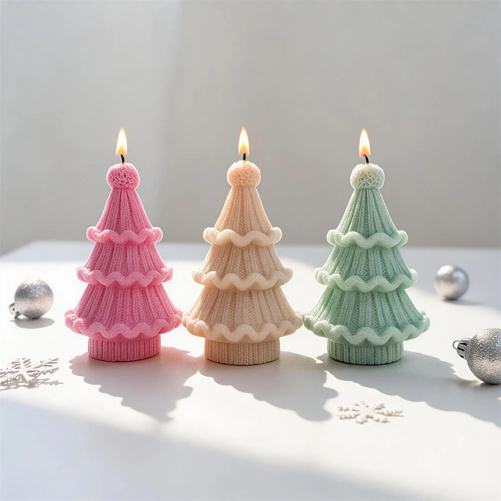 Cream sage pink and red knitted Christmas tree candles for festive décor