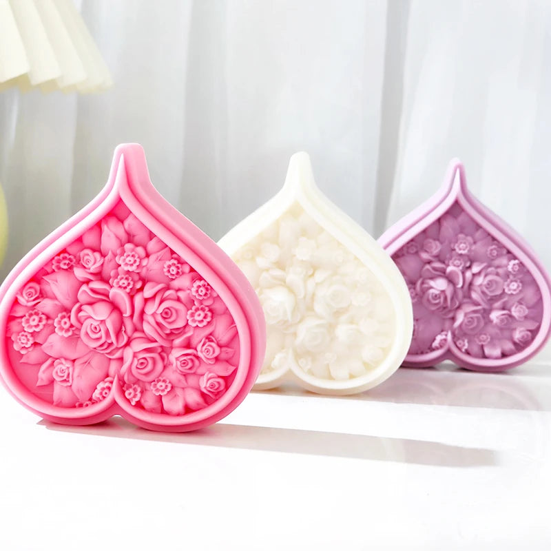 Rose Blossom Heart Shape Silicone Candle Mold