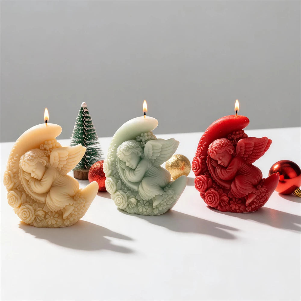 Floral crescent moon angel candles with roses and detailed feathered wings