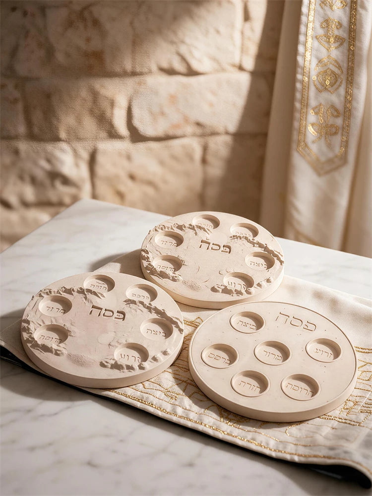 Pesach Seder plate with six Hebrew-labeled recessed sections
