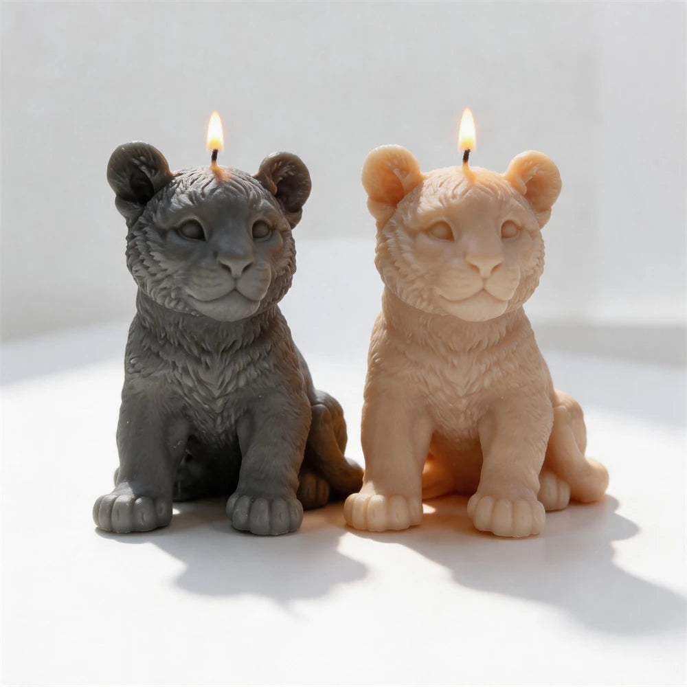 Finished tiger cub soy candle released from its silicone mold.