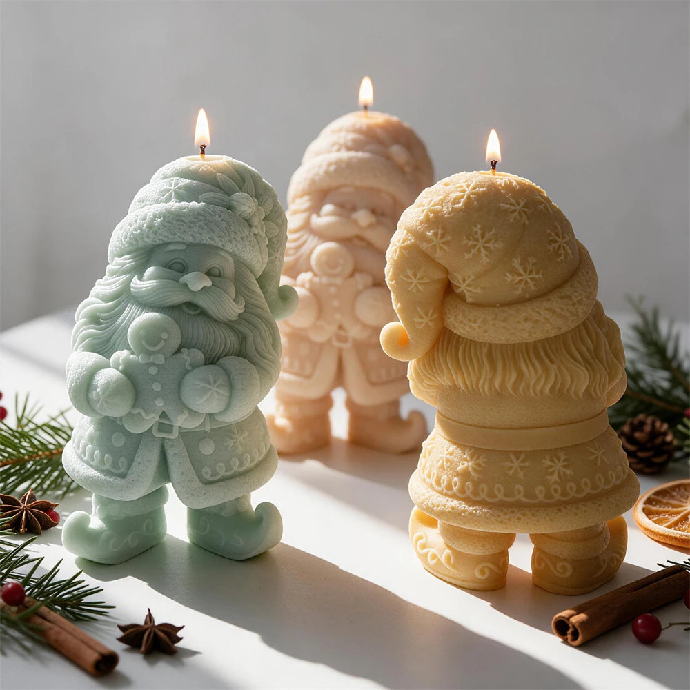 Standing Christmas gnome candle holding a smiling gingerbread man