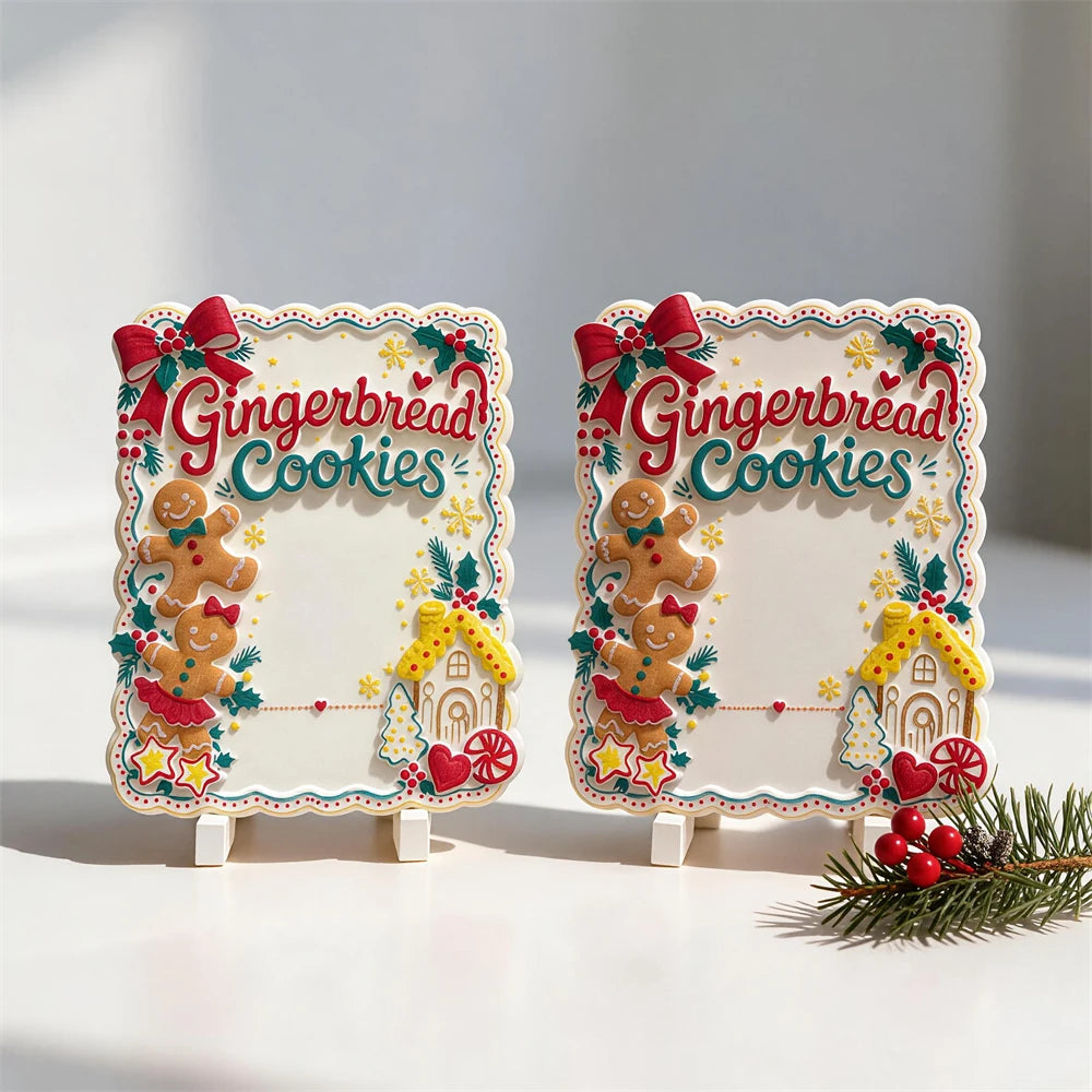Gingerbread Christmas sign with cookie figures cottage and scalloped border