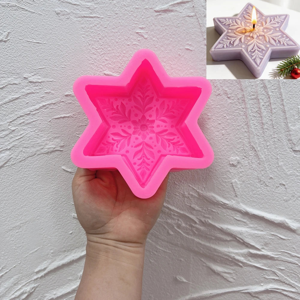 Snowflake star silicone candle mold with raised floral ice crystal design
