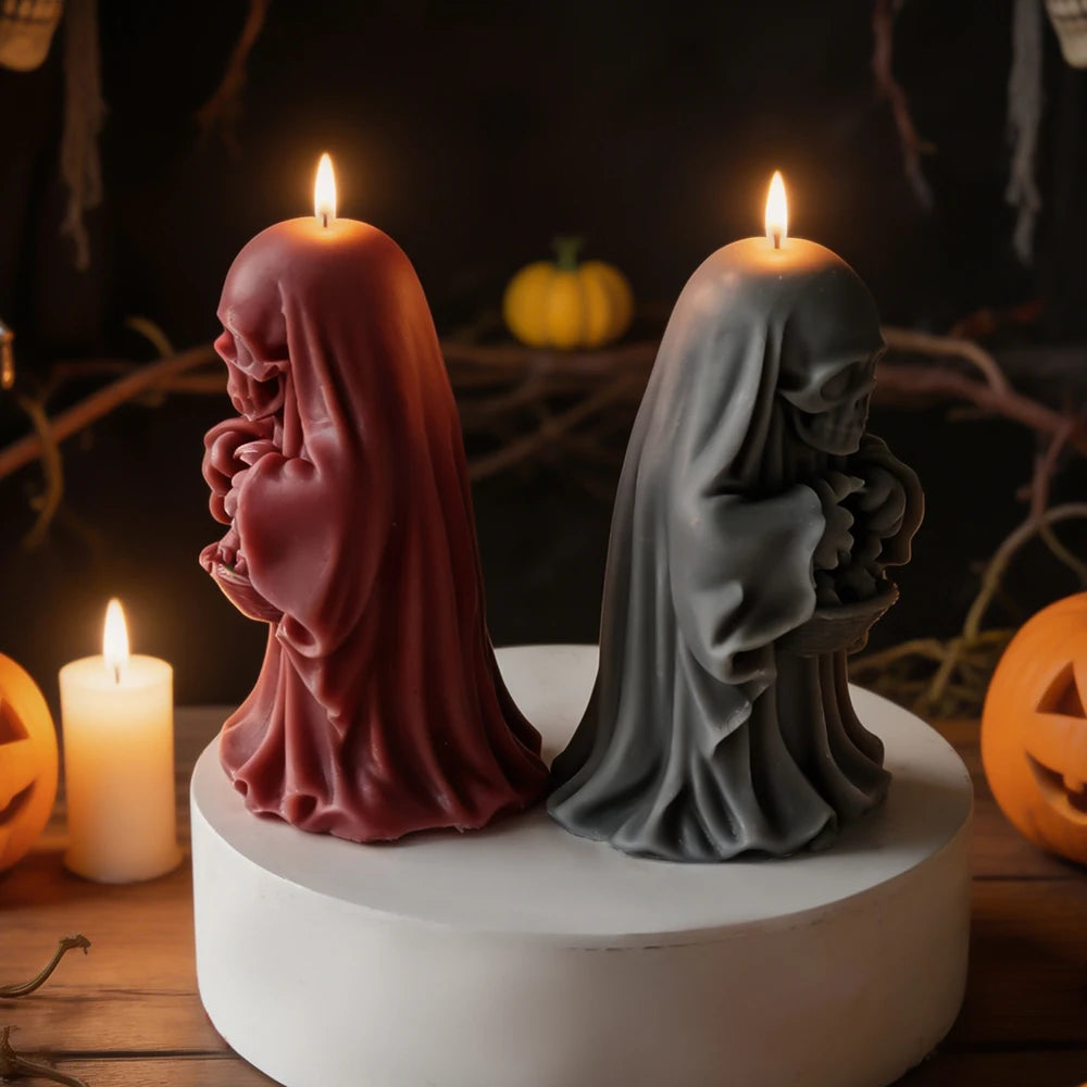 Gothic skull ghost silicone candle mold with flowing draped robes
