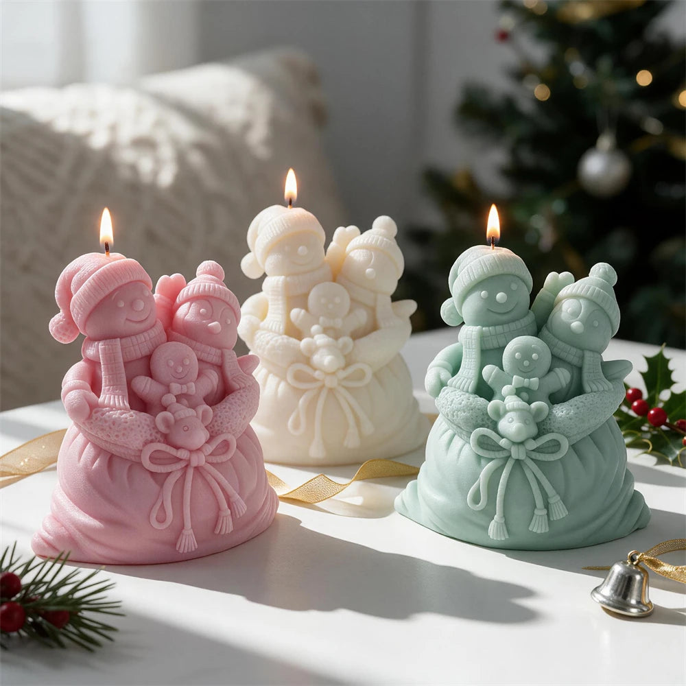 Christmas gift sack candle with snowmen, gingerbread man and toy details