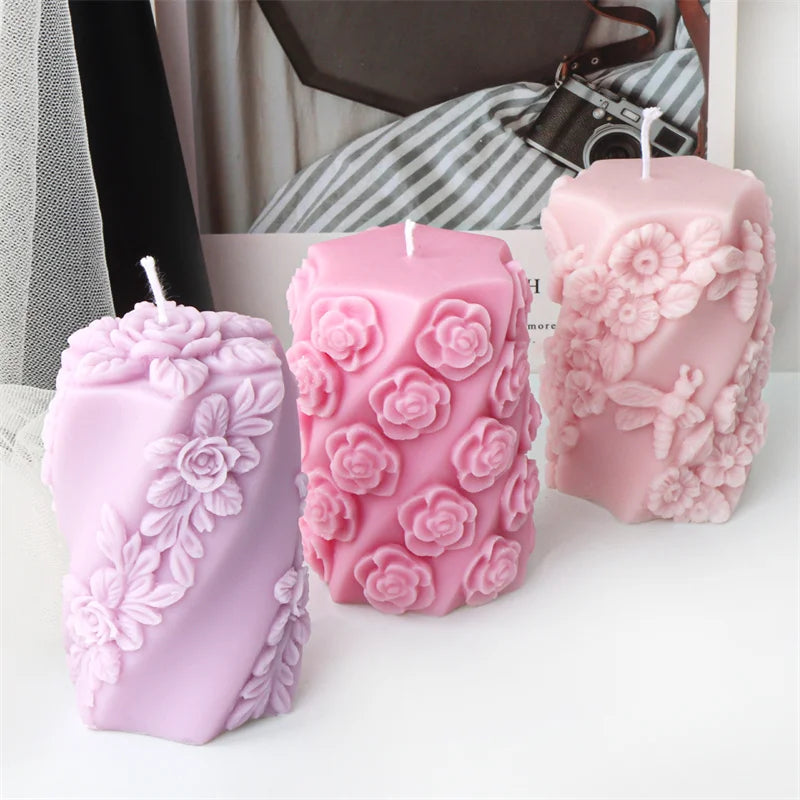 3D Relief Bees Cylindrical Floral Pillar Candle Silicone Mold