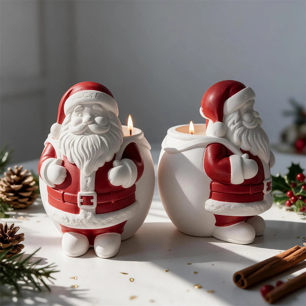 Red and white Santa candle jars with open rear candle cavity