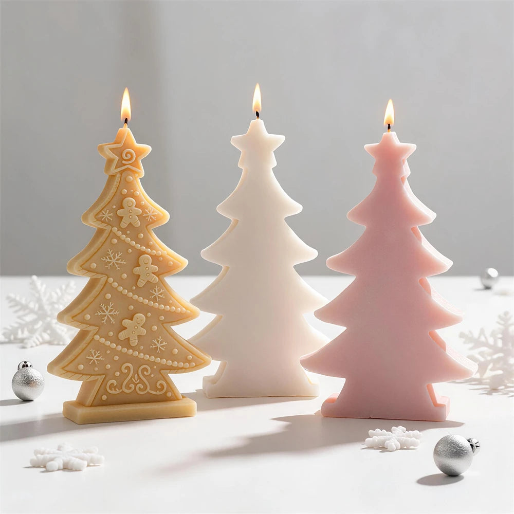 Pink cream gold and grey gingerbread Christmas tree candles for festive décor