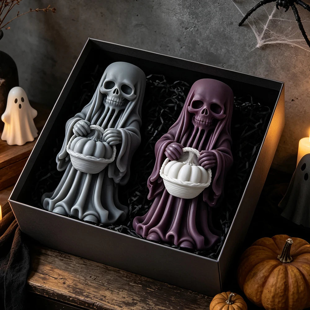 Halloween skull ghost candle holding pumpkin in woven basket