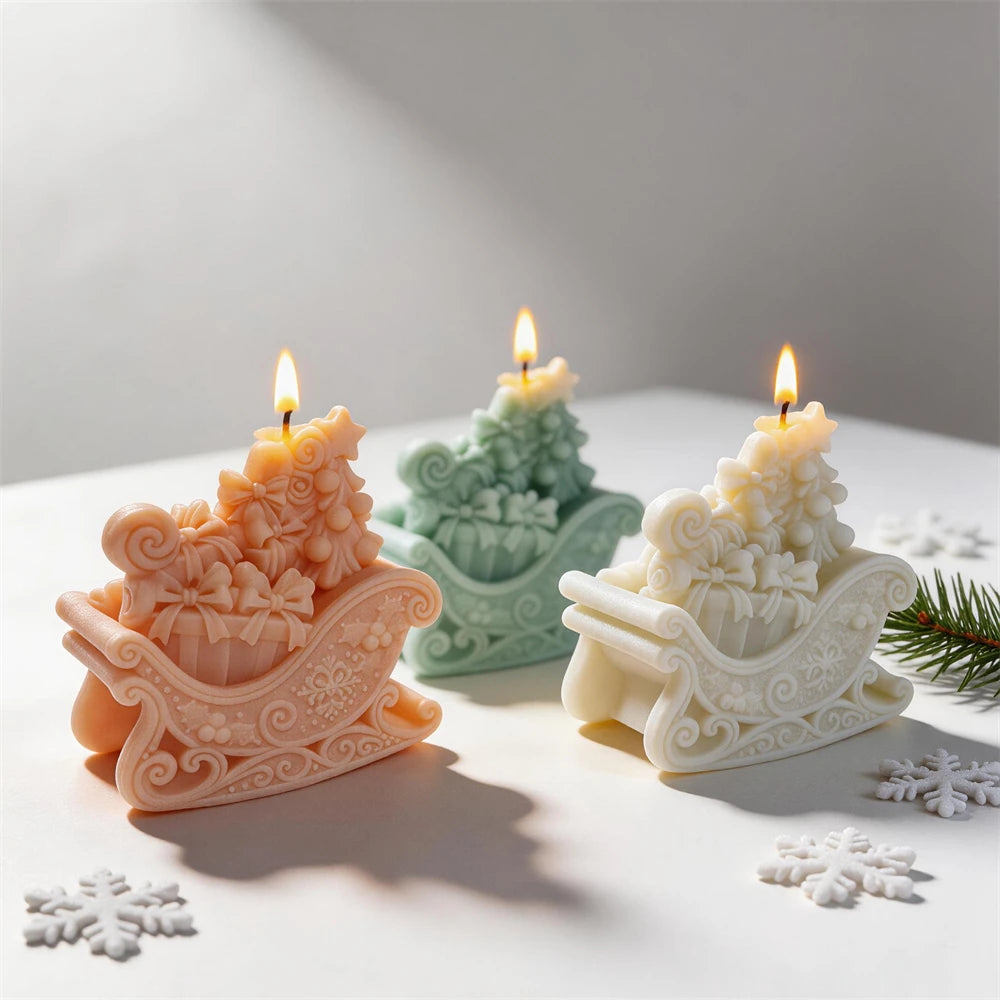 Gift-filled Christmas sleigh candles overflowing with wrapped presents and bows