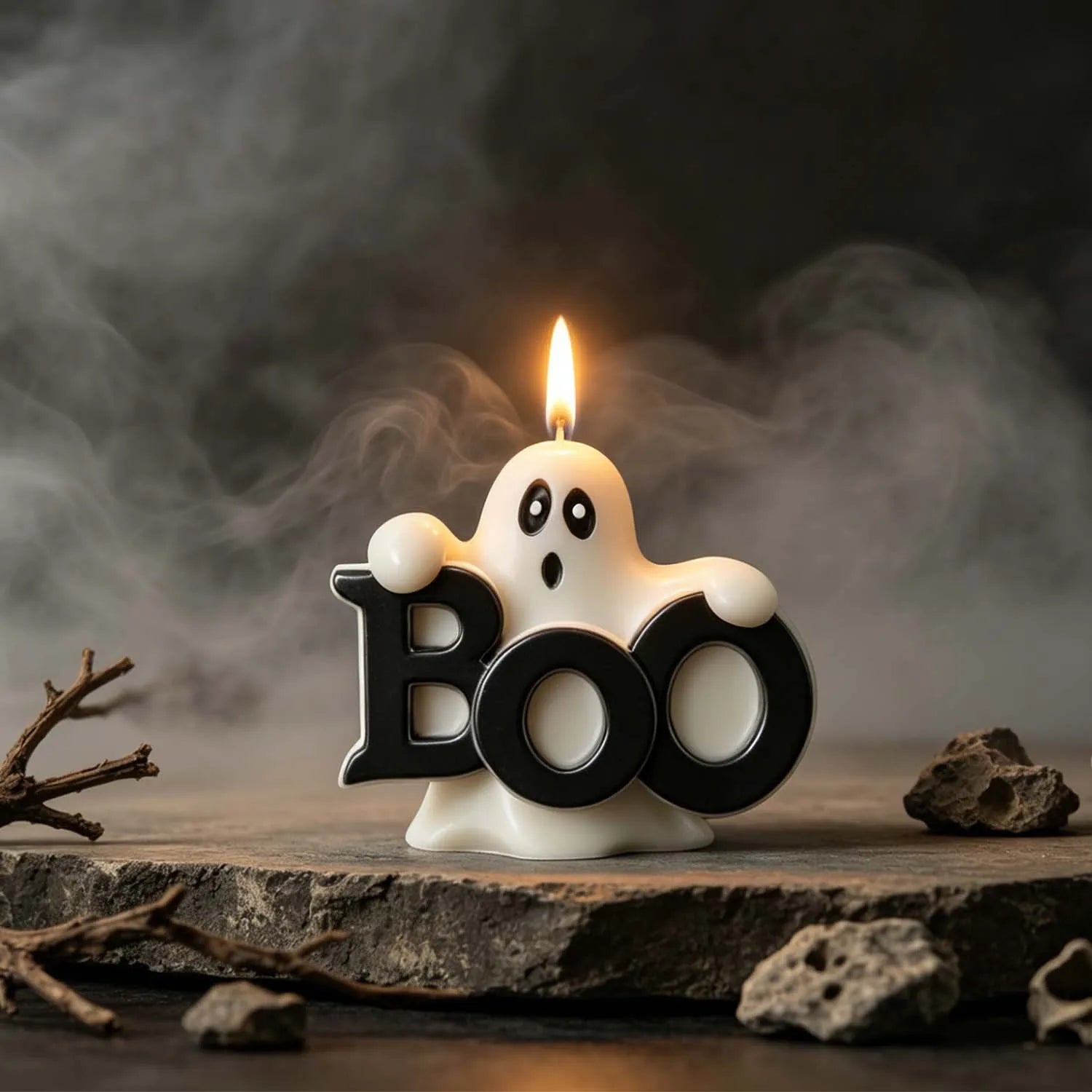 BOO ghost Halloween candle with large raised spooky lettering