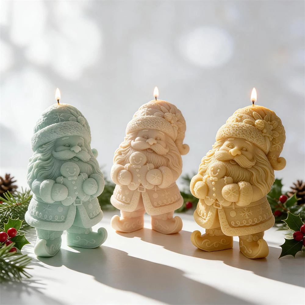 Gnome candle with knitted hat beard and snowflake decorations