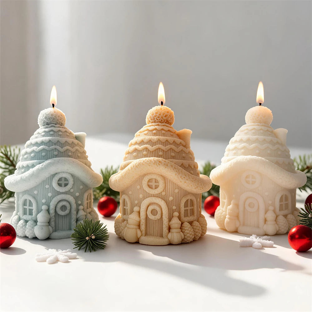 Sage cream pink and beige knitted Christmas cottage candles