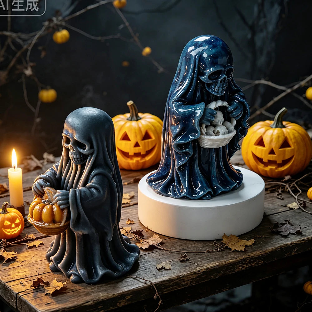 Hooded skull ghost candles with pumpkin and skull basket designs