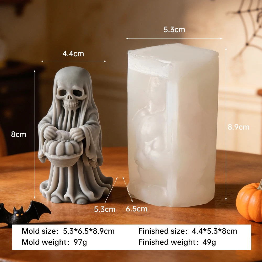 Halloween skull ghost candle holding pumpkin in woven basket