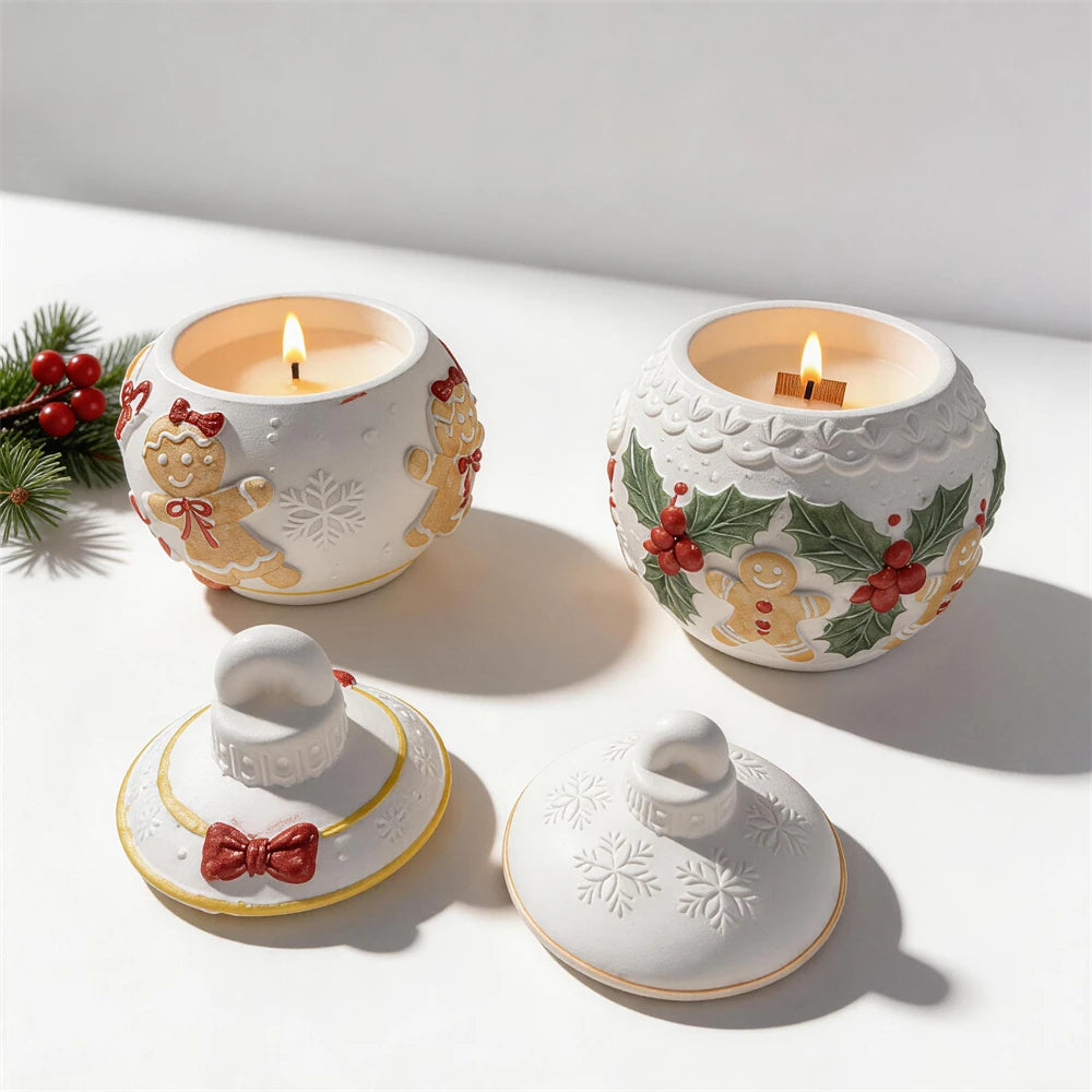 Lidded Christmas bauble containers with gingerbread holly and candy details