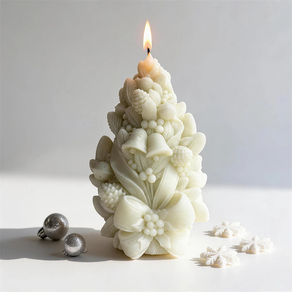Botanical Christmas tree candle with hanging bells and large ribbon bow