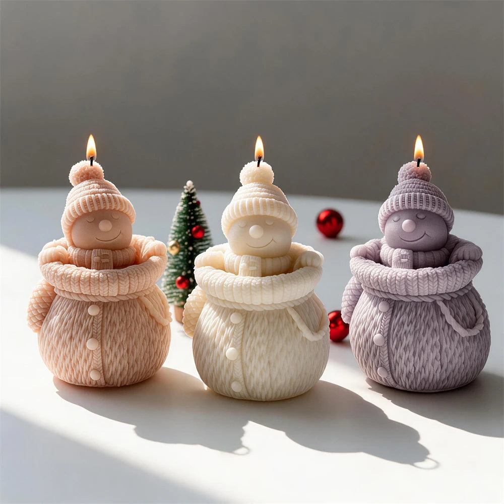 Winter snowman candle with ribbed hat knitted collar and button details