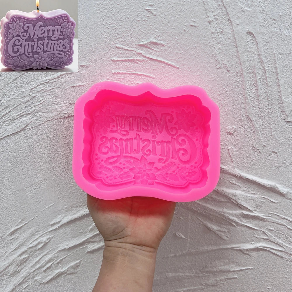 Merry Christmas silicone candle mold with poinsettia flowers and ornate border