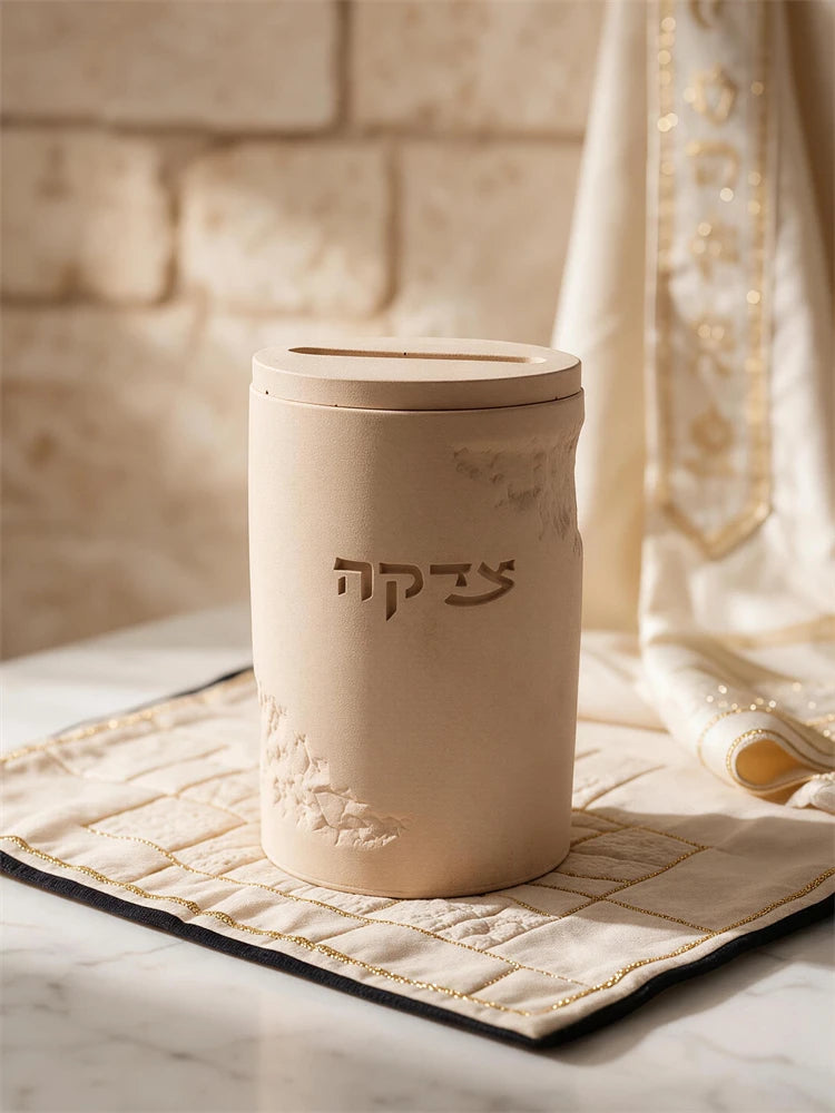Tzedakah charity box with Hebrew צדקה lettering and distressed surface detail