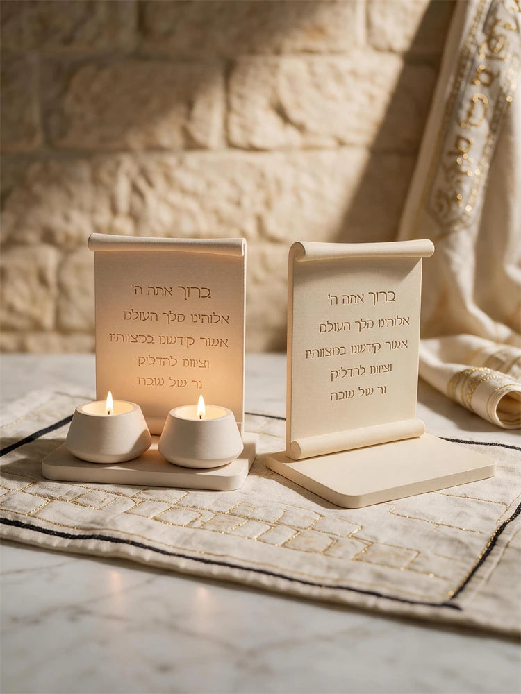 Shabbat candle lighting blessing plaque with Hebrew lettering and display stand